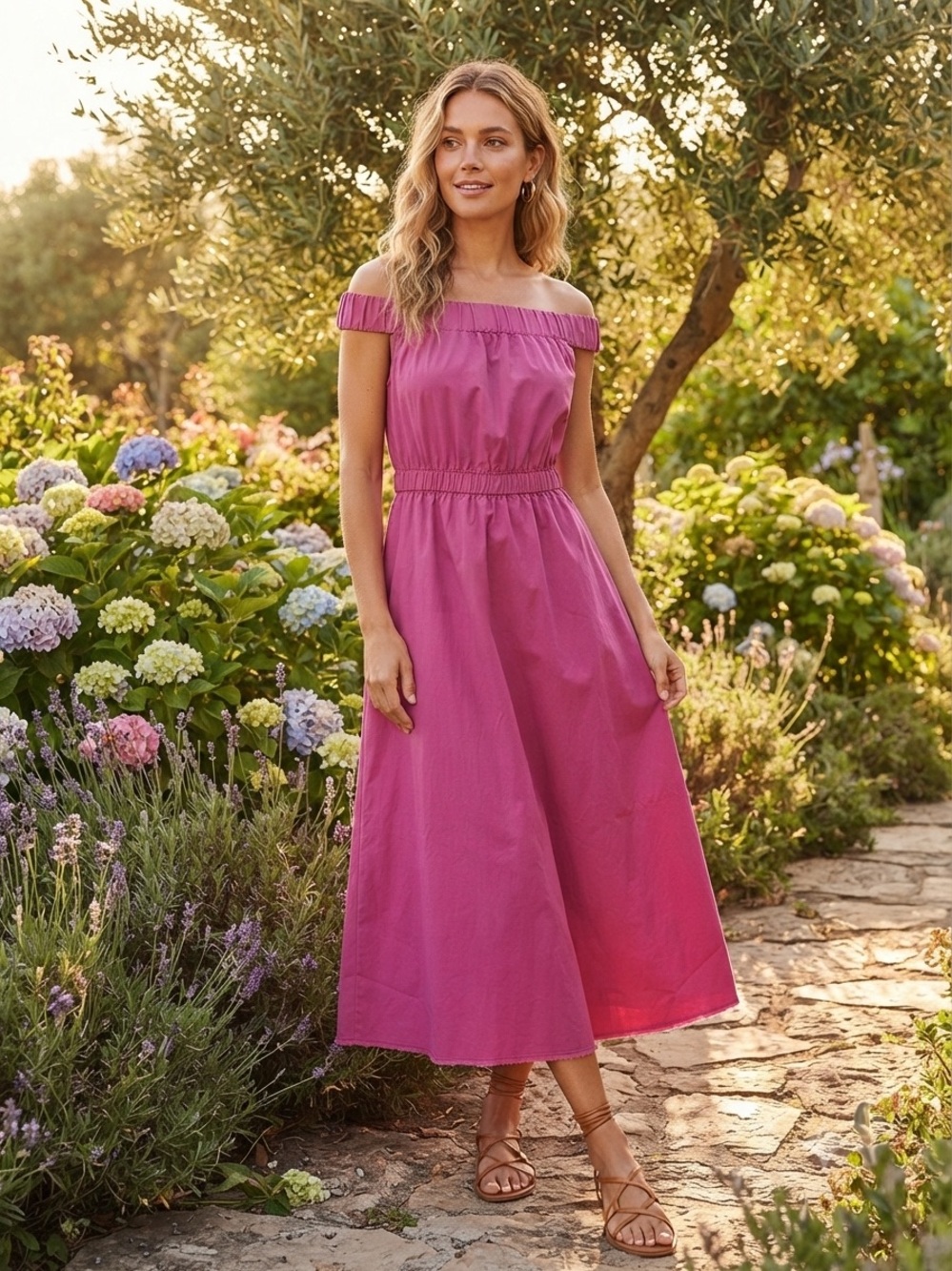 Maeve Magenta Off the shoulder Midi Dress With Pockets and Raw Hem size M